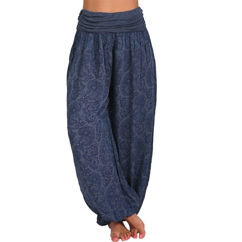 Roupas femininas Impressão digital Calças longas e largas Calças casuais Calças harém_voghion.com