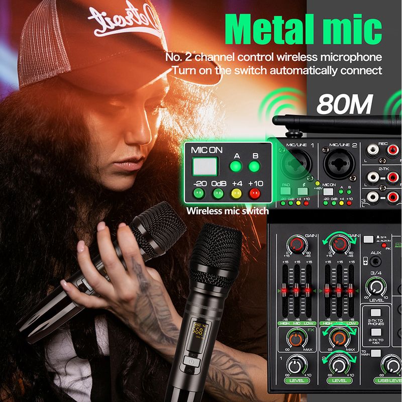 4 Channel USB Audio Mixer with Wireless Microphone Studio Sound Mixers with Bluetooth REC DJ Console Mixing for Karaoke_voghion.com