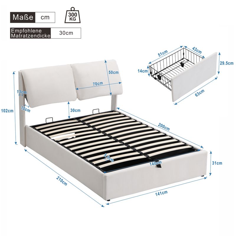 Lit coffre hydraulique 140 x 200 cm, 3 tiroirs, cadre de lit capitonné en velours beige avec sommier à lattes et tête de lit, matelas non inclus._voghion.com