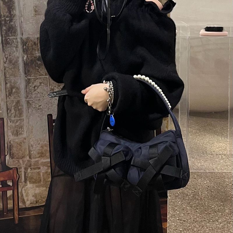 Niche Internet Celebrity Casual Hundred Pearls Strap Bow Single Shoulder Underarm Handbag 2025 Spring And Summer New Fashion Hundred_voghion.com