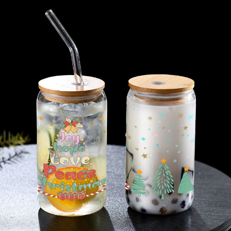 Modern Minimalist Borosilicate Glass Tumbler With Bamboo Lid - 16oz Leak-Proof Straw Cup (Christmas Gift-Ready)_voghion.com