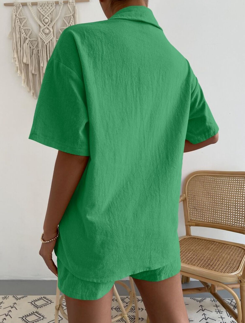 Camicia monopetto da donna primaverile ed estiva in tinta unita, elastico in vita, pantaloncini larghi, abito casual in cotone e lino_voghion.com