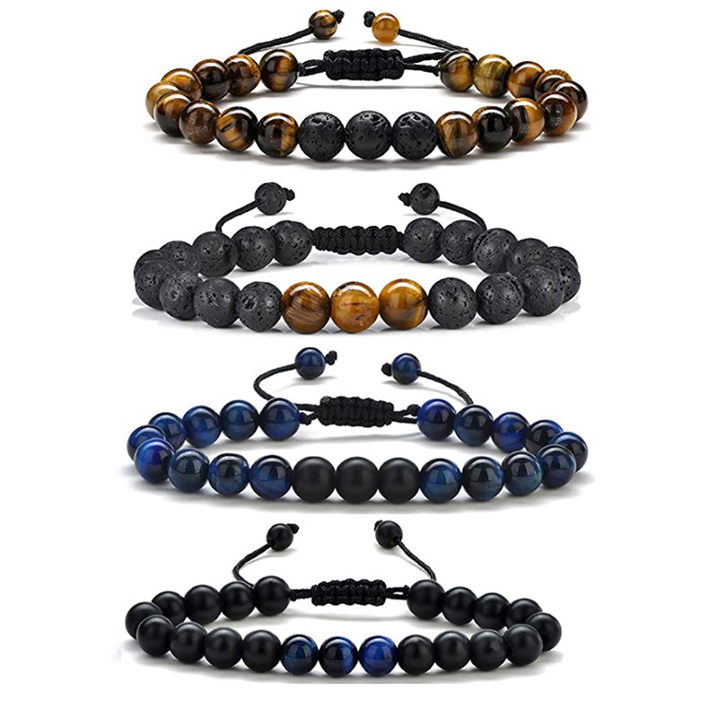 2 pièces œil de tigre cadeau pour hommes 8mm pierre de lave Agate noire Bracelet tissé bijoux faits à la main_voghion.com