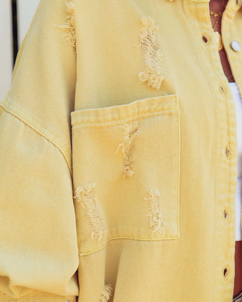 Oversize-Jeansjacke für Damen – Lässiger, langärmliger Distressed-Mantel in Unifarben_voghion.com