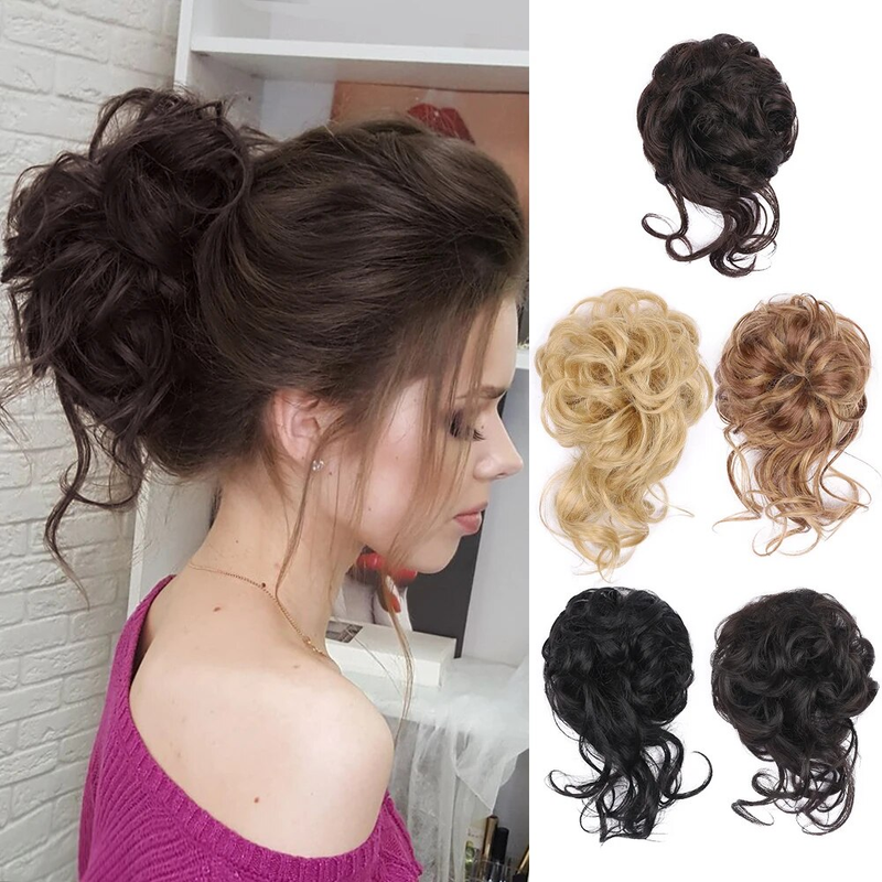 Sintético bagunçado bun pedaço scrunchie despenteado updo extensões de cabelo encaracolado ondulado rabo de cavalo chignon com elástico para mulher_voghion.com