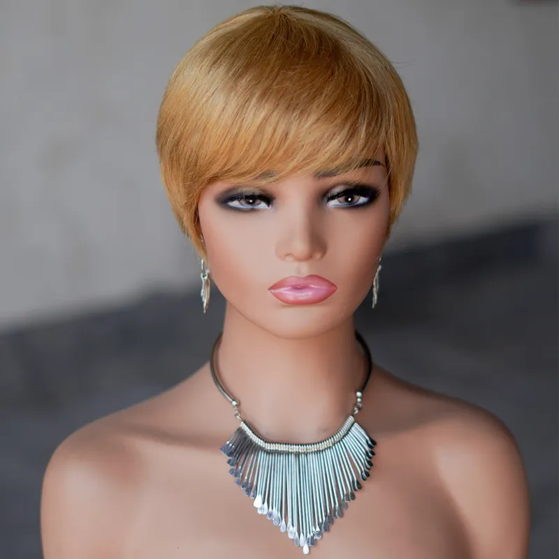 Pelucas de cabello humano con corte Pixie y flequillo para mujeres negras, peluca de cabello lacio y corto._voghion.com