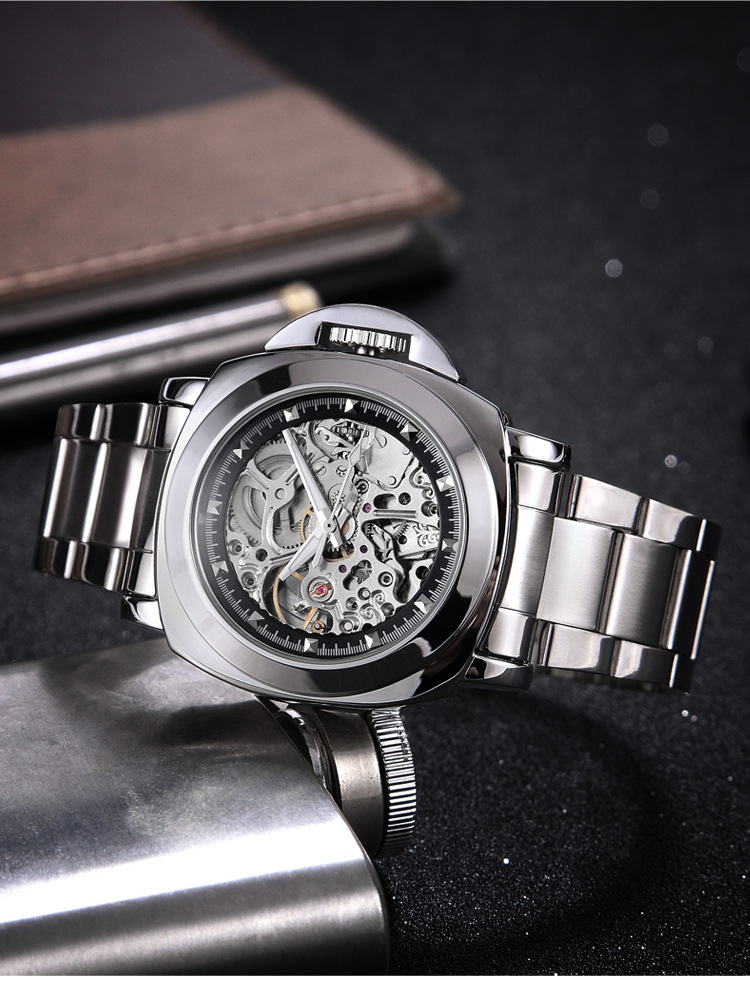 Brand transparent hollow fully automatic mechanical men's watch square bridge guard trend youth waterproof watch_voghion.com