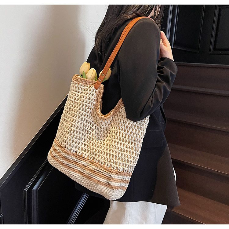Borsa di paglia Borsa intrecciata Borsa di cotone intrecciata Borsa a tracolla a rete cava da donna Grande capacità Borsa da spiaggia per le vacanze al mare_voghion.com