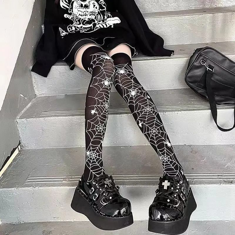 Subkultur Klassisk Lolita Black Goth Söta strumpor Lårklänningar Japanska flickor Gotisk Punk Retro Spindelnät Dödskallefladdermus_voghion.com