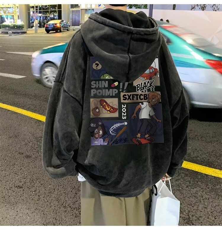Felpa con cappuccio in composito con doppia tasca lavata americana per uomo e donna, pullover hip-hop, autunno e inverno spesso e largo_voghion.com