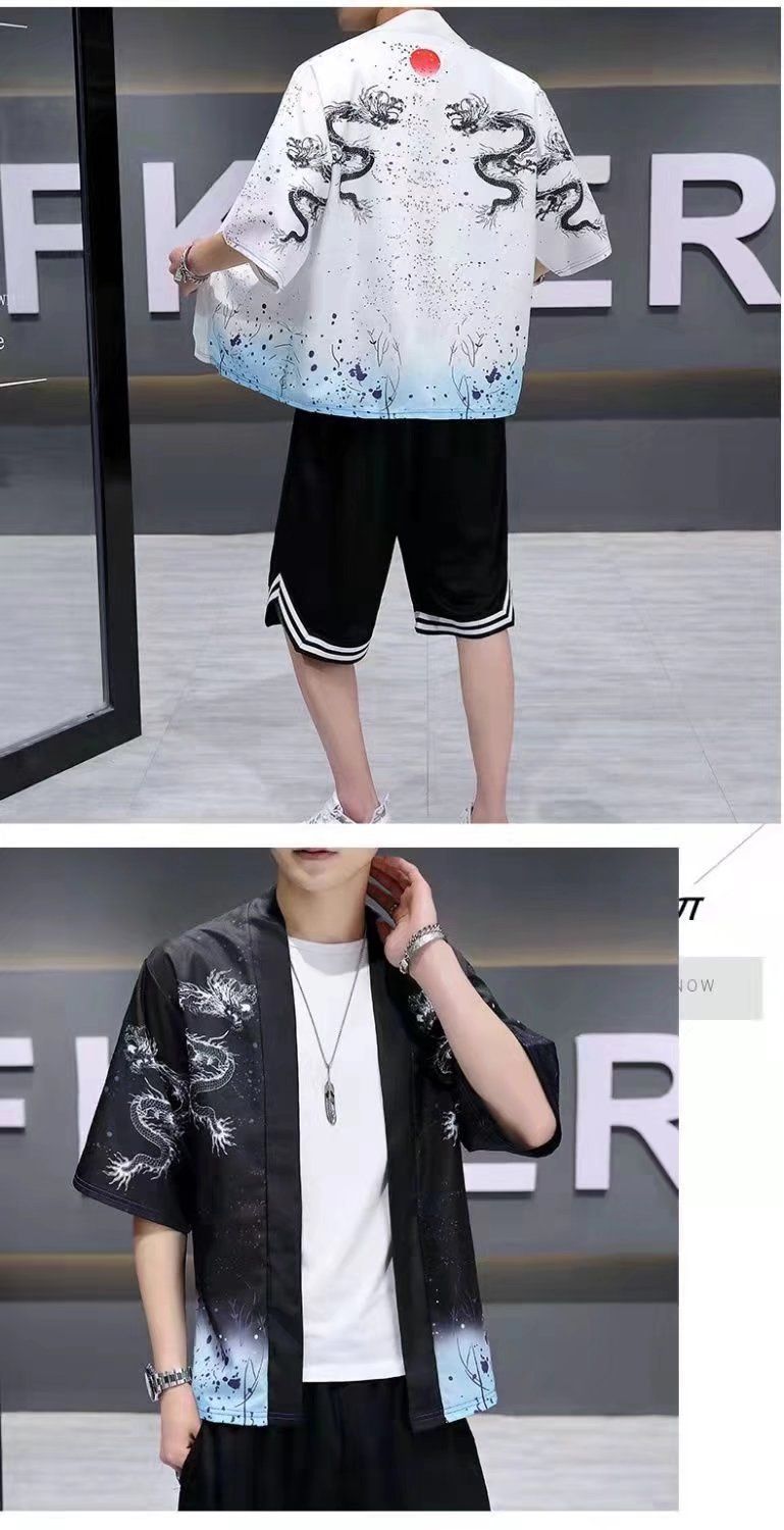 Chinese Style Couple Cardigan Kimono Men And Women Loose Ukiyo-e Seven Quarter Sleeves Crane Robe Shirt_voghion.com