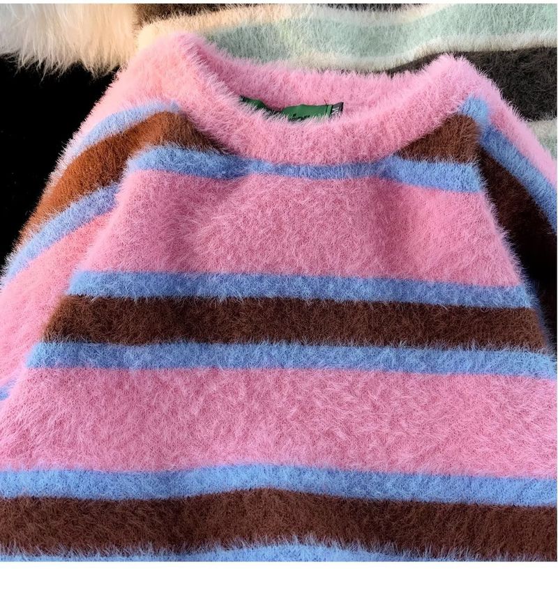 Pull en tricot à col rond paresseux et urieux de marque tendance d'hiver à rayures rétro américaines pour couples_voghion.com