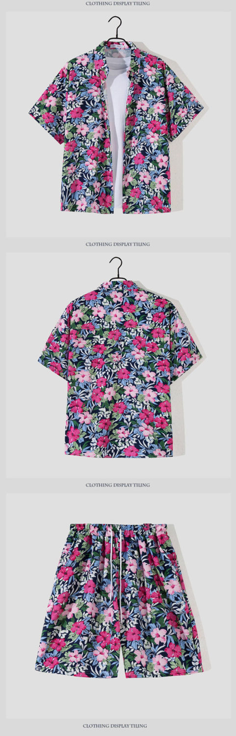 Men's Hawaii seaside beach vacation suit men's loose plus size couple trendy short-sleeved floral shirt casual two-piece set_voghion.com