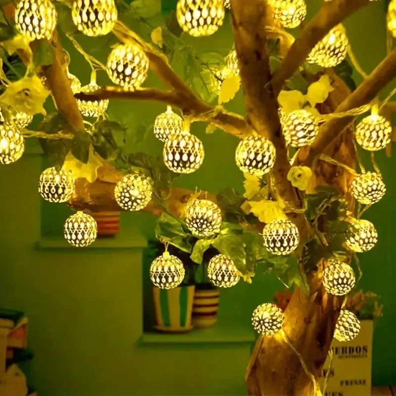 Outdoor Solar Moroccan Ball String Light-50/30/20 LED Fairy Light, 8 Modes, For Garden Fence Christmas Party Holiday Lighting_voghion.com