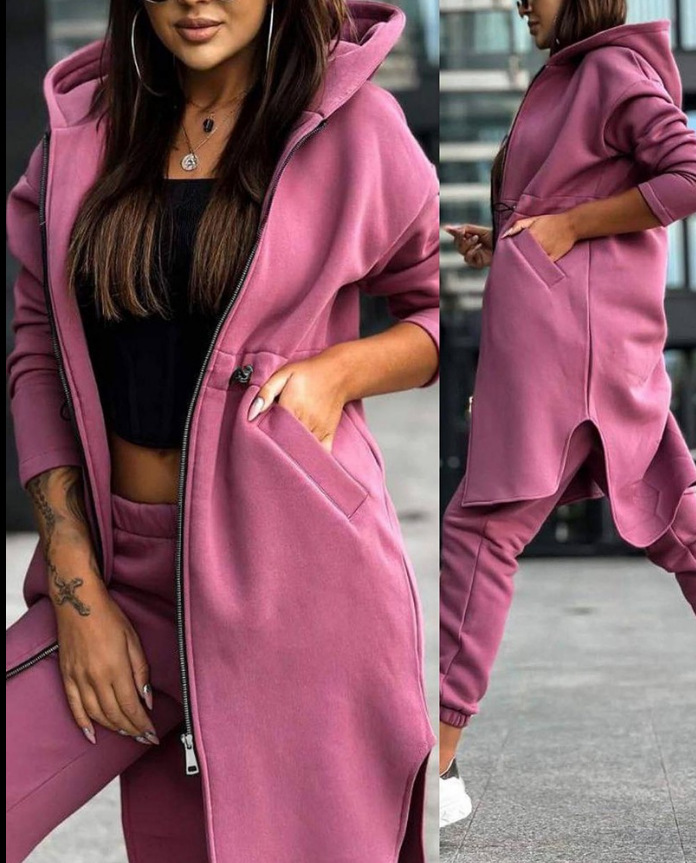 Zweiteiliges Set mit modischem, lässigem Kapuzen-Fleece-Hoodie-Mantel für Damen_voghion.com