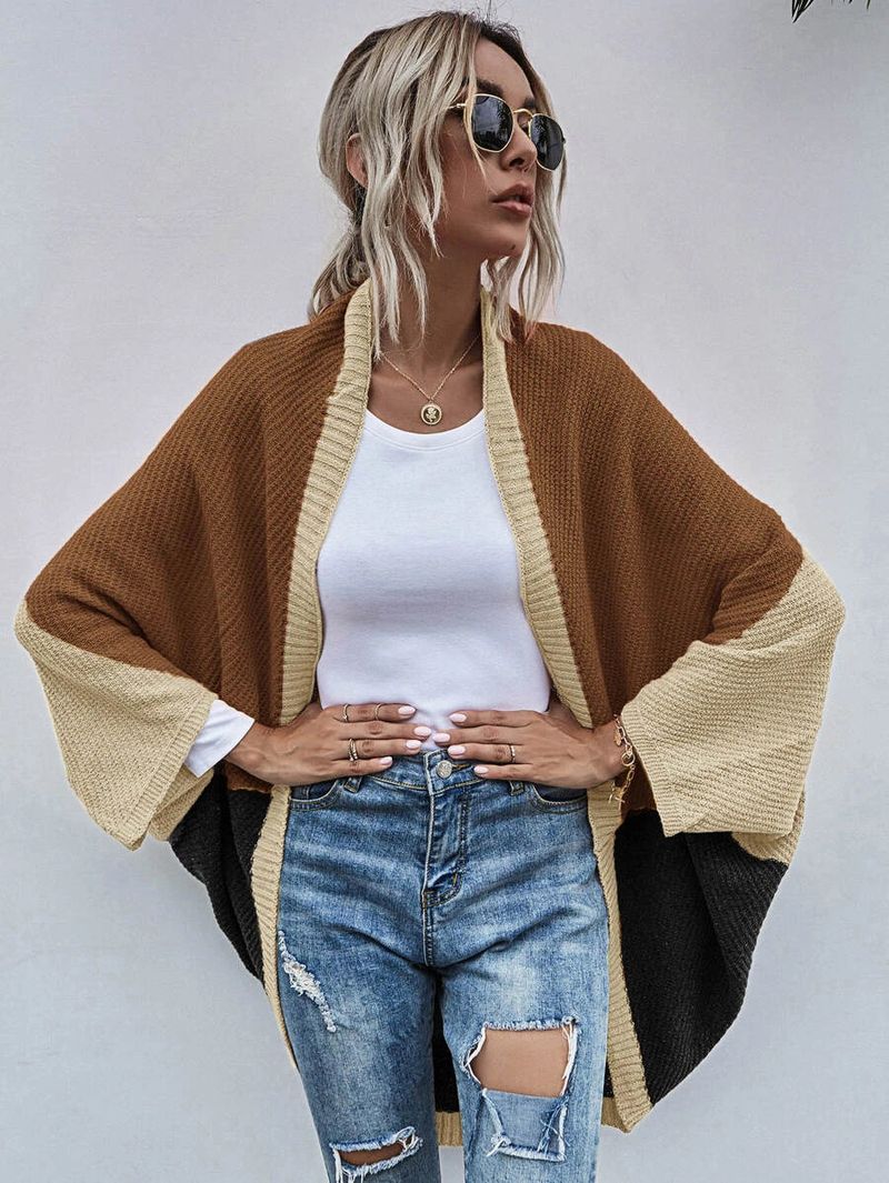 Damenbekleidung, kontrastierende Schal-Cardigan-Pulloverjacke mit Farbblockmuster_voghion.com