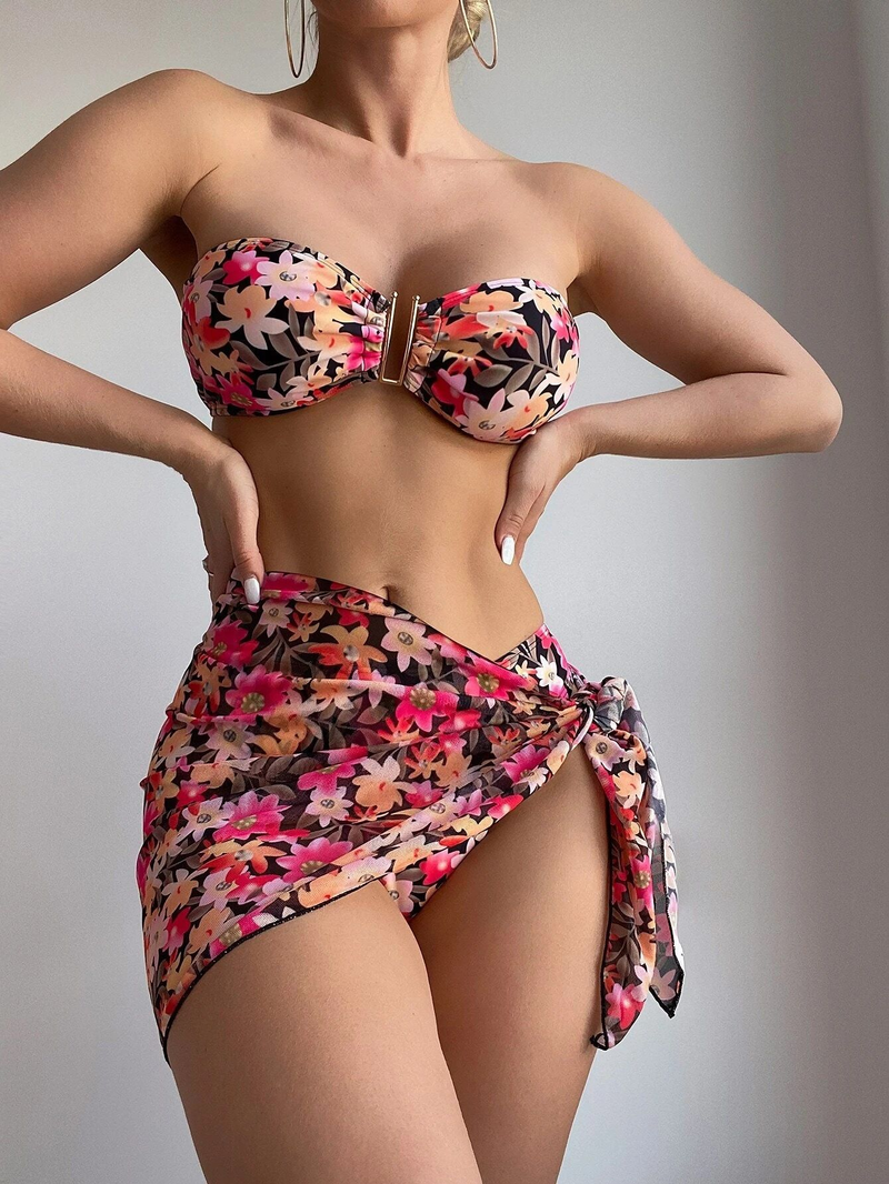 Damen Split Metall U-förmiger Bikini BIKINI dreiteiliger bedruckter Badeanzug_voghion.com