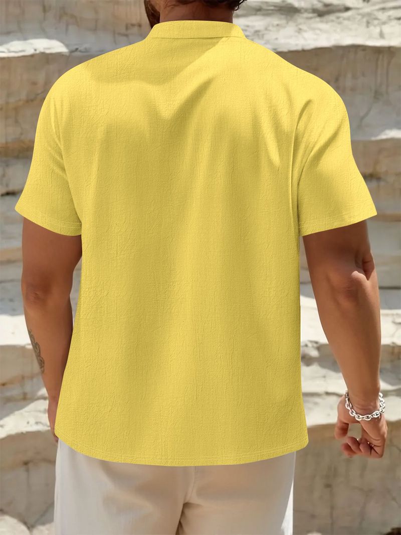 Camicia da uomo a maniche corte in lino e cotone – Collo alto traspirante, vestibilità comoda, casual (S-XXXL, blu navy/bianco/albicocca)_voghion.com