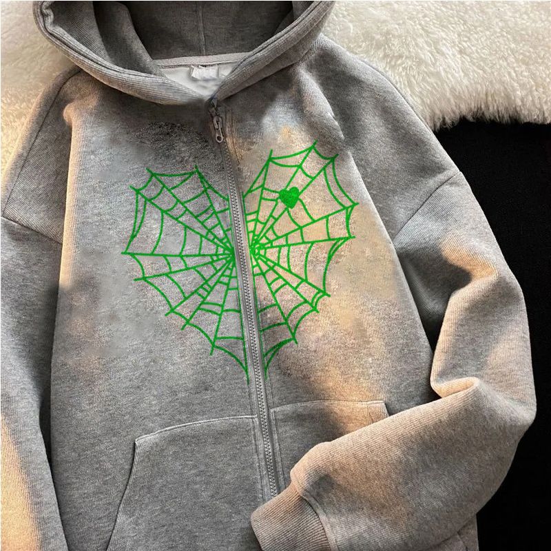 Abbigliamento maschile dark gothic ragnatela felpa con cappuccio in pile con cerniera stile millenario esterno_voghion.com