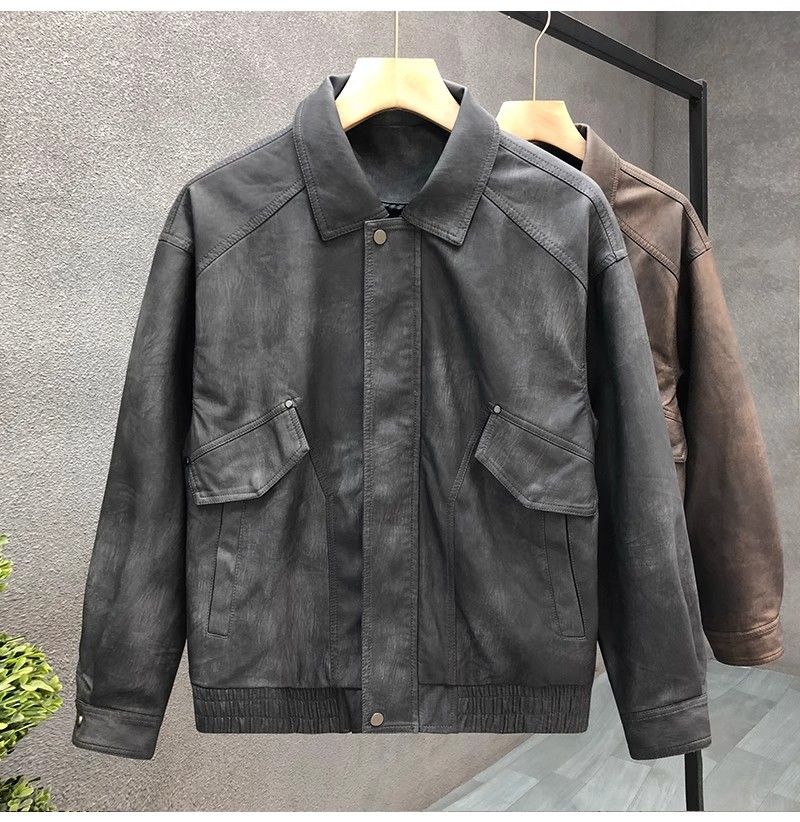 "Men's Retro PU Leather Jacket – Slim-Fit Biker Coat With Stand Collar & Side Pockets (Charcoal/Coffee, L-3XL)"_voghion.com