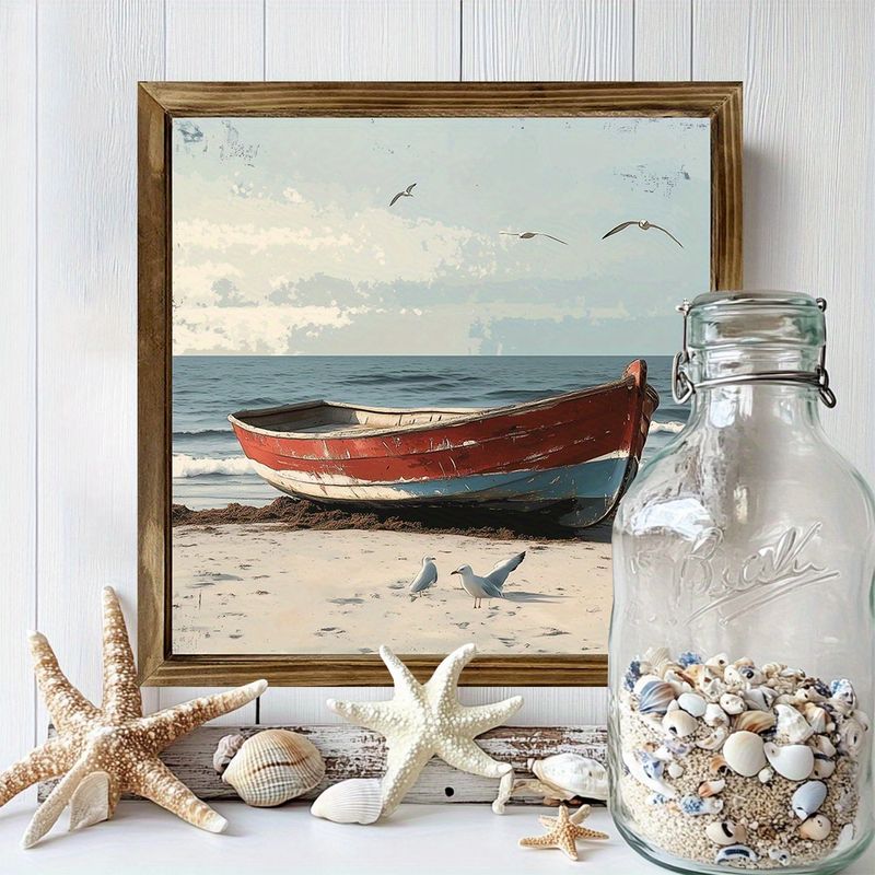 Placa de madeira costeira vintage "8x8" - Cena de praia com barco e gaivota. Decoração rústica de verão para quarto ou escritório. Presente de Natal perfeito._voghion.com
