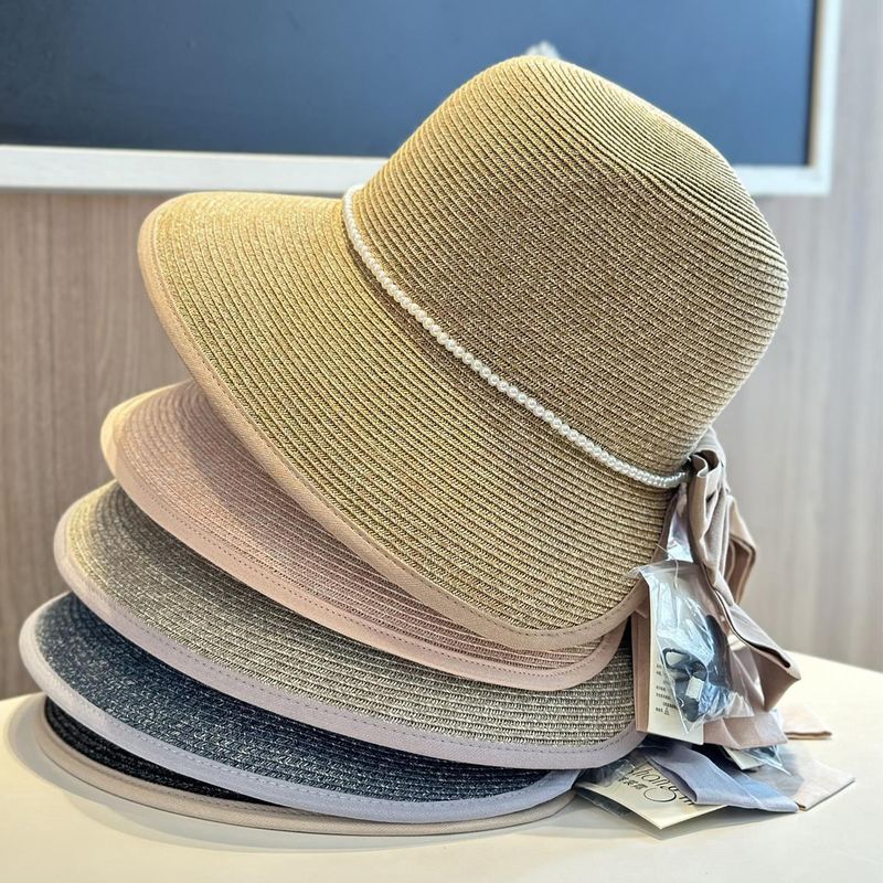 Cappello da pescatore con fiocco e perle, estivo, alla moda, da spiaggia, da donna, con cappello di paglia_voghion.com