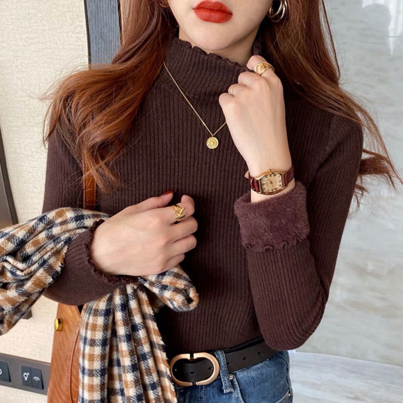 Women's Fleece-Lined Knit Sweater Semi-Turtleneck Winter Warm Pullover Soft Comfortable Casual Tops_voghion.com