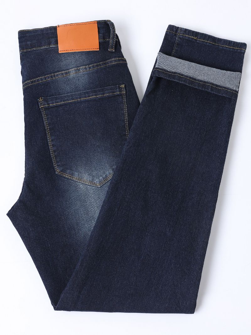 Dunkelblaue verwaschene Slim Fit-Jeans für Herren – Distressed-Denimhose mit geradem Bein und Patch-Details für die Freizeit_voghion.com