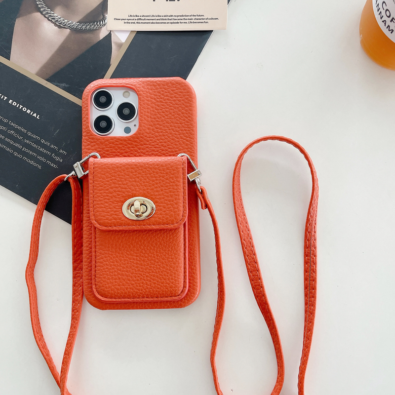 Mobile phone case lock card holder diagonally suitable for Apple 15pro max mobile phone case iPhone14 pebbled pattern protective cover_voghion.com