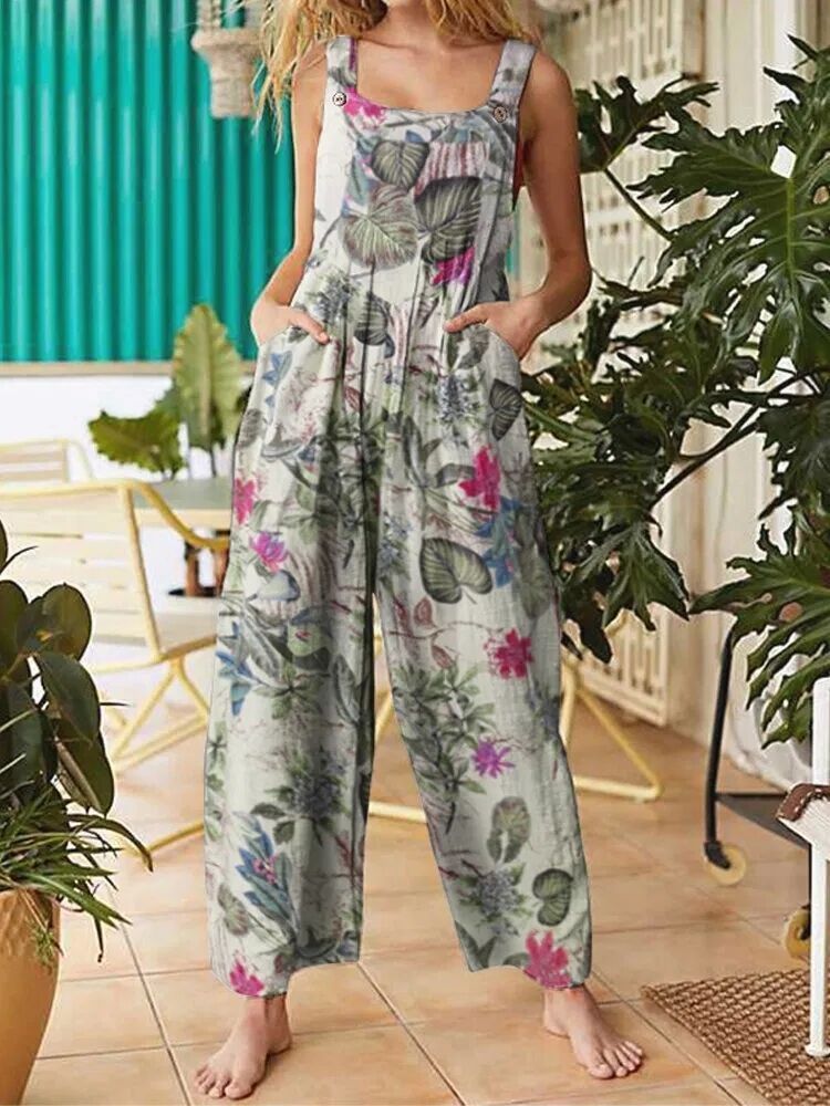 Dameklær Vår Damemote Etnisk stil Lappemønstret trykk Knapper Jumpsuit Overalls Bukser_voghion.com