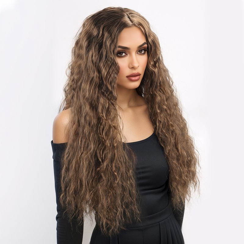 Parrucca con extension per capelli, nuova parrucca per donna, capelli neri ricci alla moda, ondulati, ricci di mais, riga centrale, frangia, copricapo completo._voghion.com