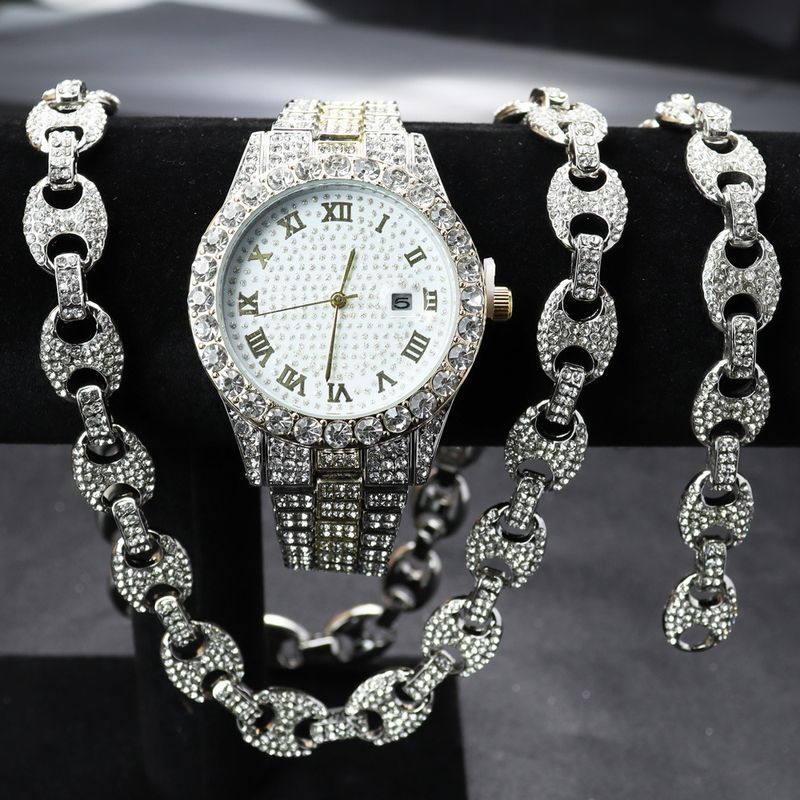 Full Diamond Hip Hop Watch Character Cuban Bracelet Necklace Set Roman Scale Calendar Quartz Watch_voghion.com