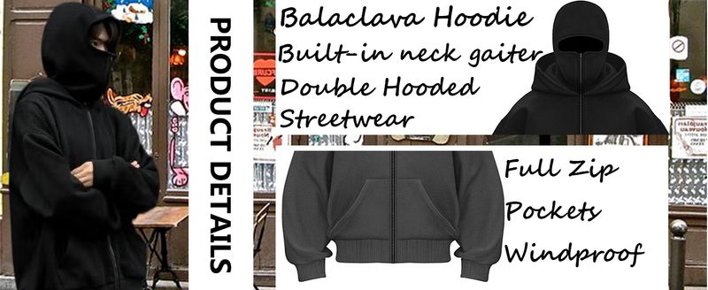 Felpa con cappuccio passamontagna da uomo, giacca con cappuccio e cerniera doppia, felpa con cappuccio primaverile per uomo, antivento, streetwear_voghion.com