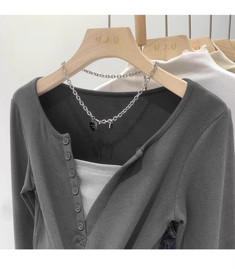Korte gestalte color blocking korte top twee V-hals lange mouwen T-shirts voor dames herfst Amerikaanse slim fit pittig_voghion.com