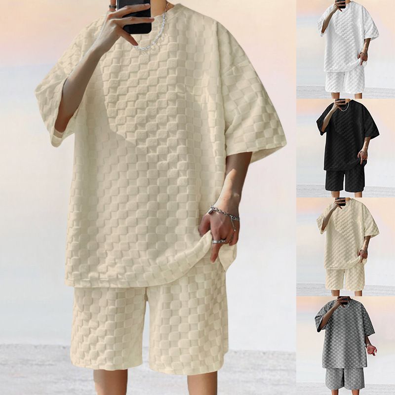 2024 oversize trendy checkerboard spring/summer loose fit sports and leisure two-piece set men's _voghion.com