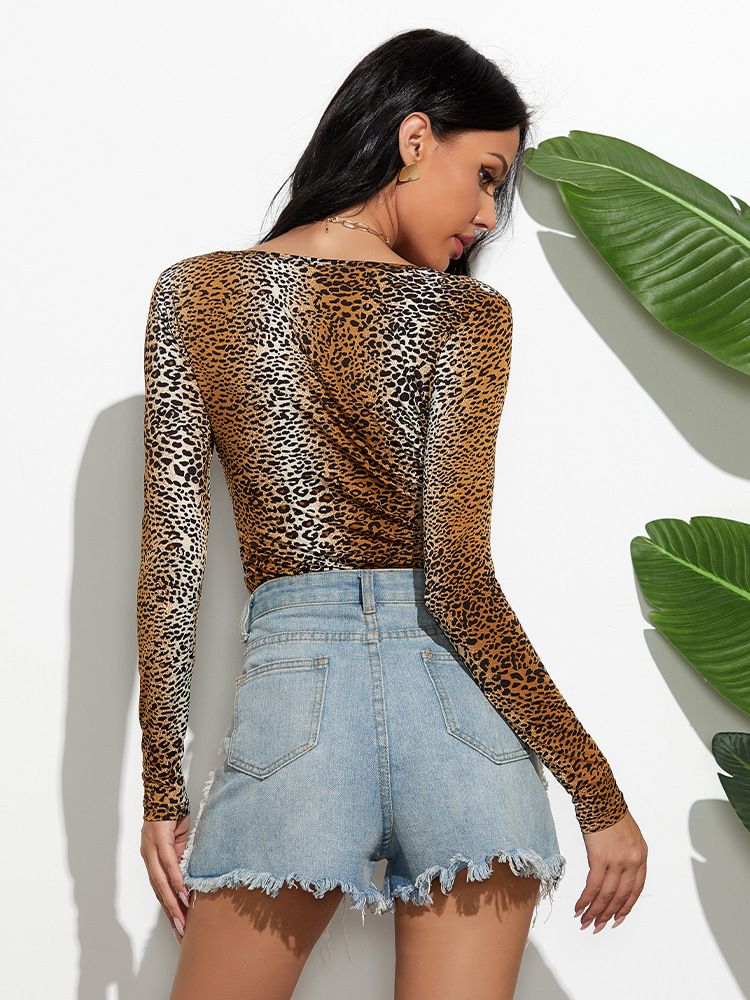 Sexy Long Sleeve Leopard Print Women's V-neck Bodysuits_voghion.com