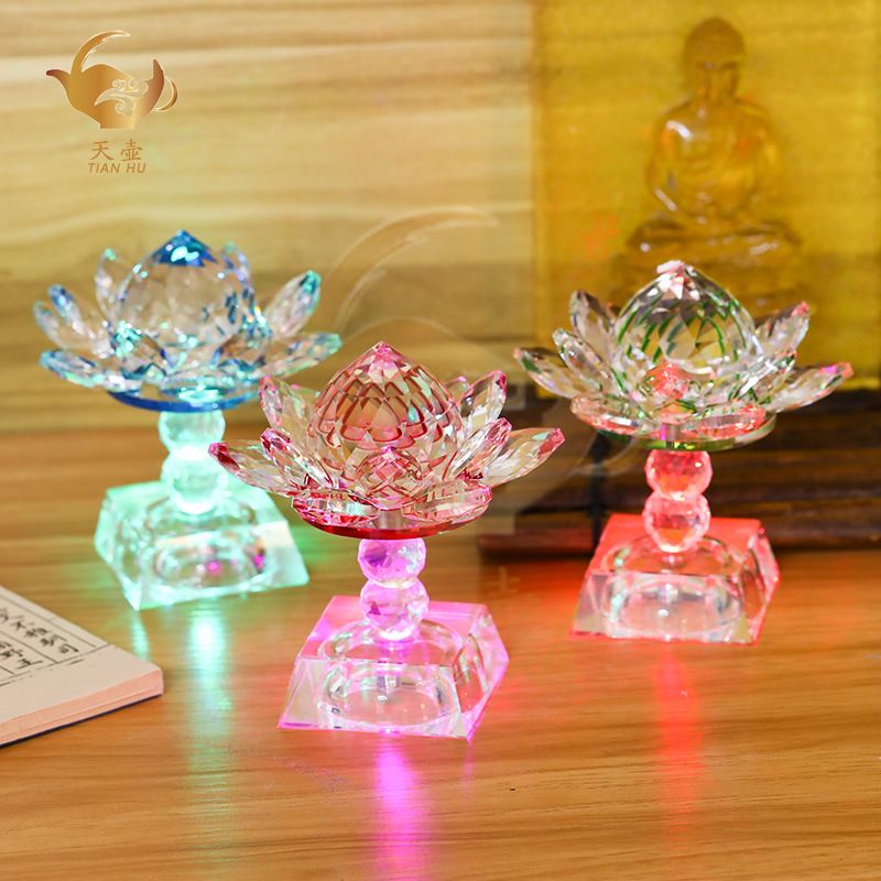 Lotus-Kerzenhalter mit 360° drehbarem Kristallsockel und Buddha-Motiv – Lampe für ewiges Licht_voghion.com