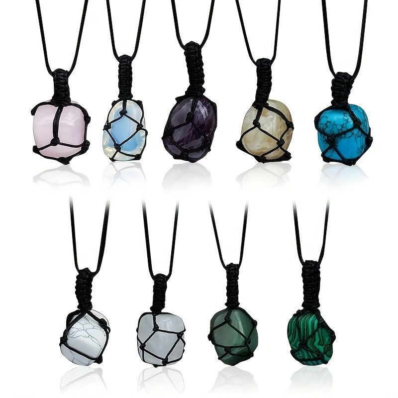 Hand-Woven Amethyst & Agate Pendant Necklace - Irregular Raw Stone Woven Net Bag Sweater Chain For Boho & Hippie Style (18")_voghion.com