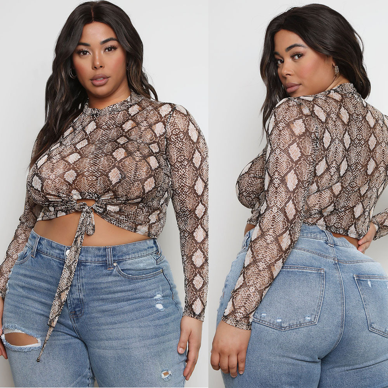 Top a maniche lunghe da donna con stampa serpente trasparente alla moda, abbigliamento da donna_voghion.com