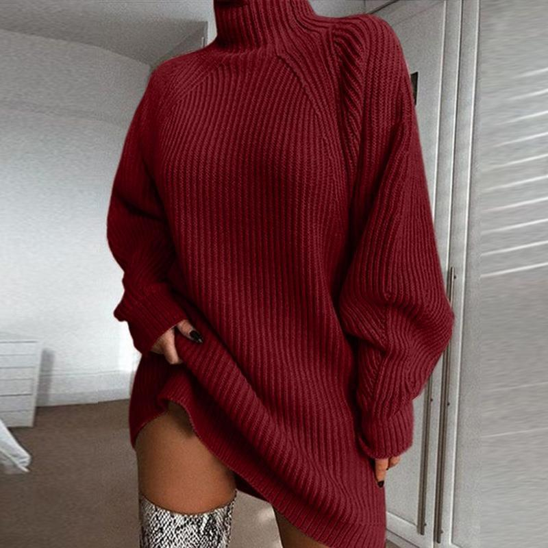 Knitted Sweater Mid-Length Raglan Sleeve Half Turtleneck Sweater Dress_voghion.com