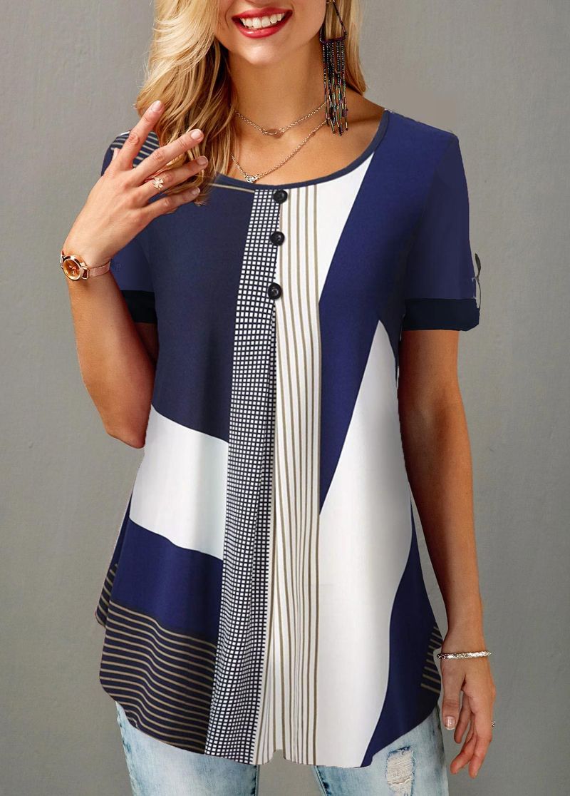 Maglietta a maniche corte con scollo rotondo e bottoni, nuova stampa pullover 2025, taglie forti, moda donna adesso_voghion.com