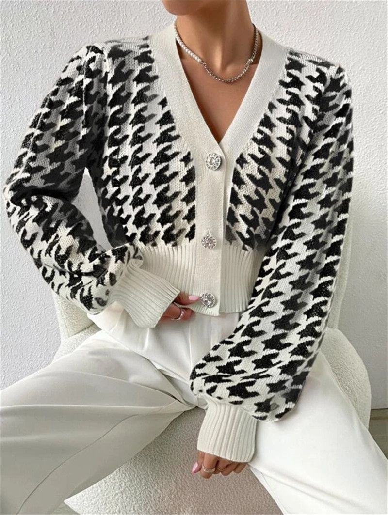 Dameskleding herfst en winter patroon lantaarn mouw gebreide cardigan trui korte jas_voghion.com