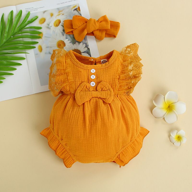Ins Infant Girl Baby Candy Color Lace Package Fart Romper Princess Dress Jumpsuit Headband_voghion.com