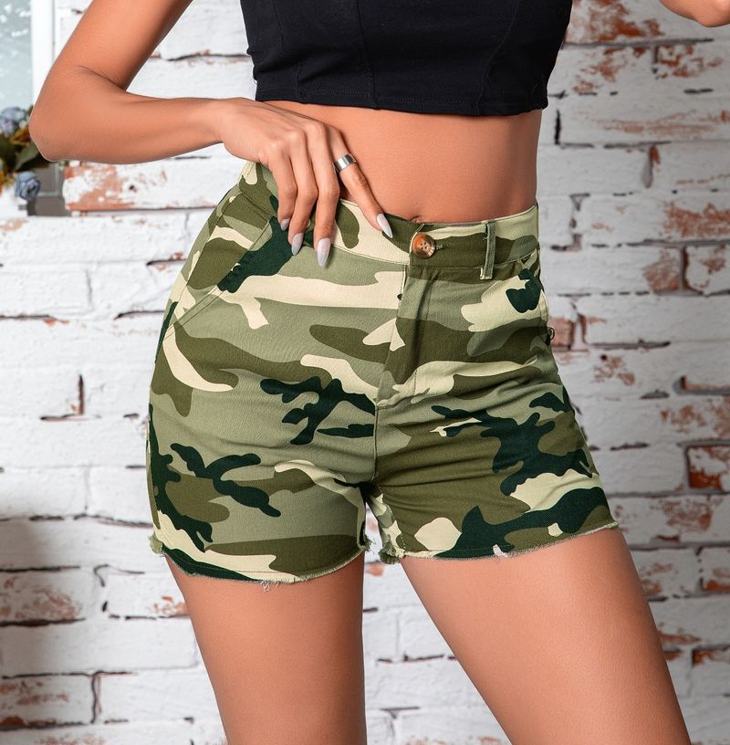 Women's Clothing Washed Camouflage Print Patch Pocket Stitching Workwear Shorts_voghion.com