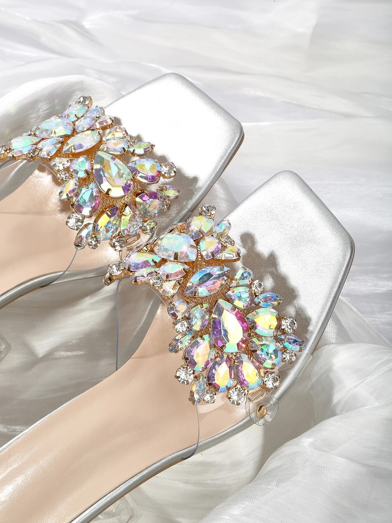Bright Sier Summer Transparent Crystal Half Trailer High Heel with Thick Heels and Large Sized Outwear Fashion Sandals_voghion.com