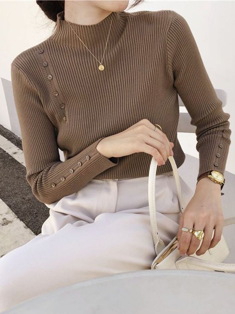 Maglione lavorato a maglia da donna, a maniche lunghe, con bottoni, a collo alto, sottile, per autunno e inverno, morbido e caldo, con fondo alto_voghion.com