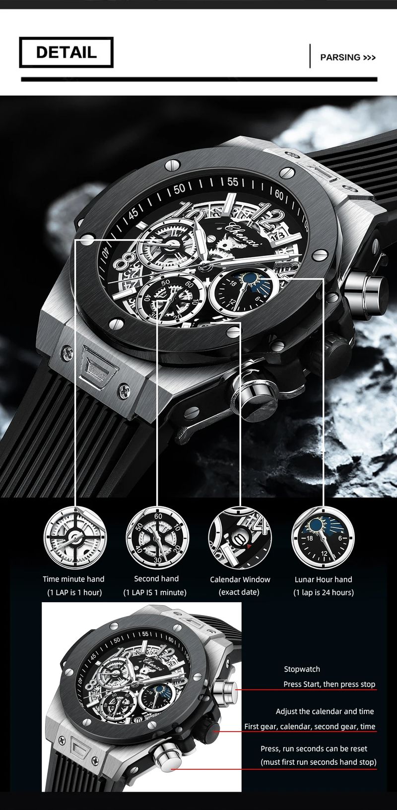 Mode Silikon Chronograph Uhr Männer Multifunktionale Kühlen Leuchtenden Quarz Sternen Mondphasen Timing Sport Armbanduhren_voghion.com