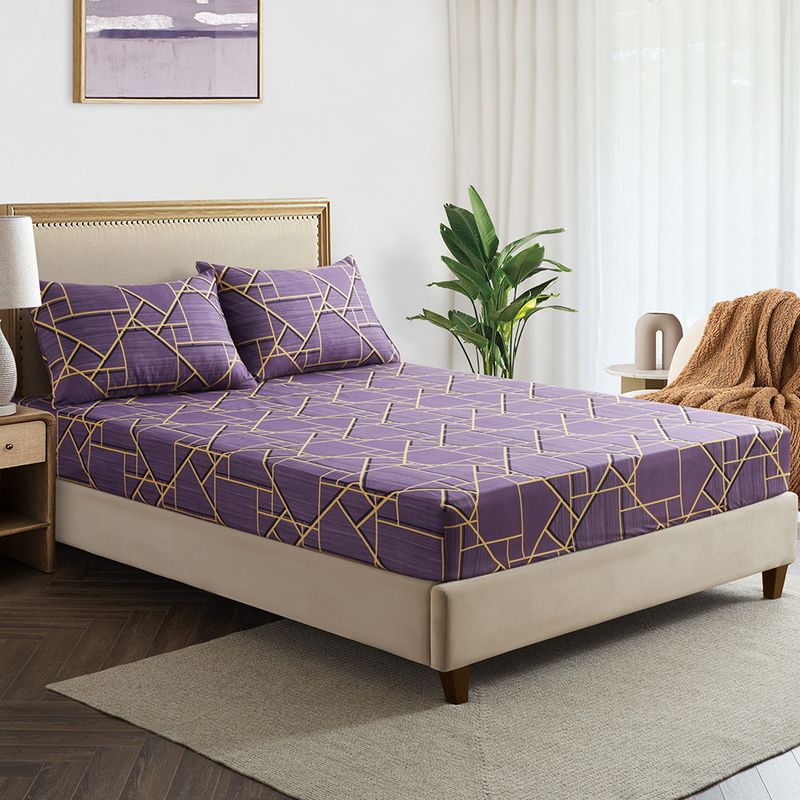 Lenzuolo con angoli con motivo geometrico a nido d'ape in oro viola - Copriletto in poliestere stampato in 3D (dimensioni Queen/King, tasche profonde, antipiega, stile hotel di lusso)_voghion.com