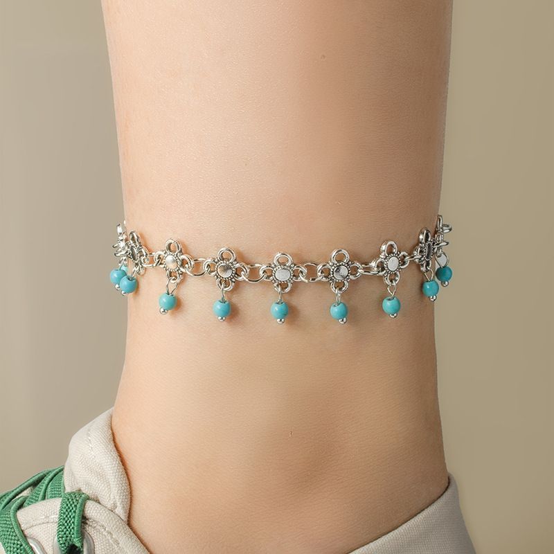 Böhmischer Schmuck Legierung Vierblättriges Kleeblatt Türkis Handgefertigtes Fußkettchen_voghion.com