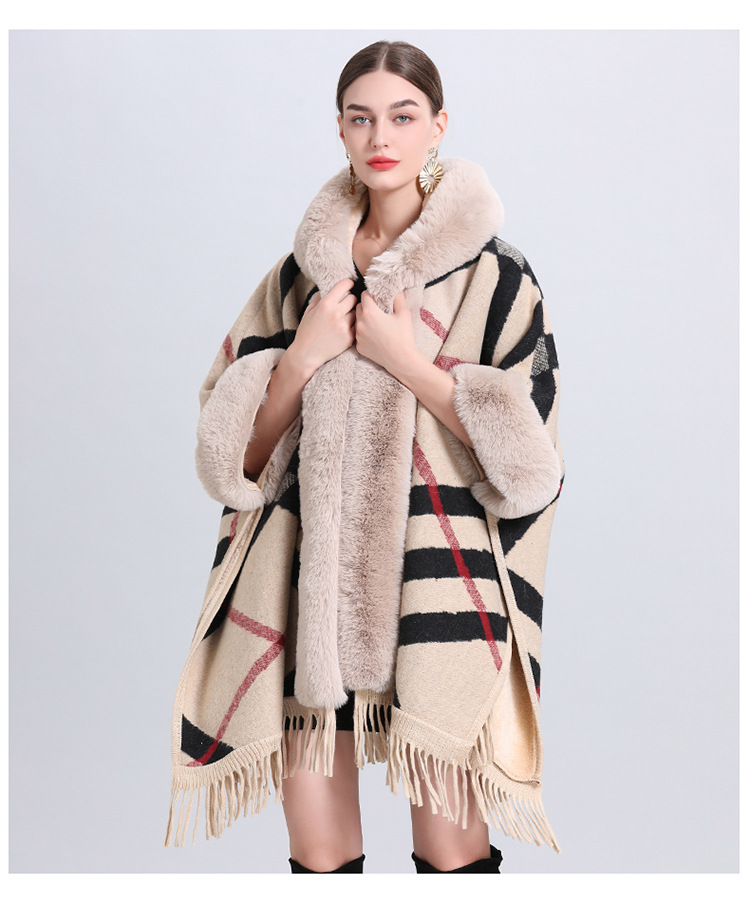 Dameskleding losse plaid plus fluwelen dikke bontkraag gebreide sjaal cape dameswollen sjaaljas_voghion.com
